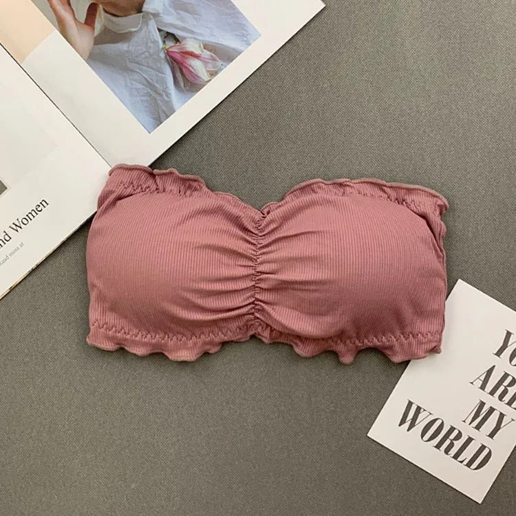 Ruffle Strapless Three Hook-and-eye Cotton Bra Crop Top