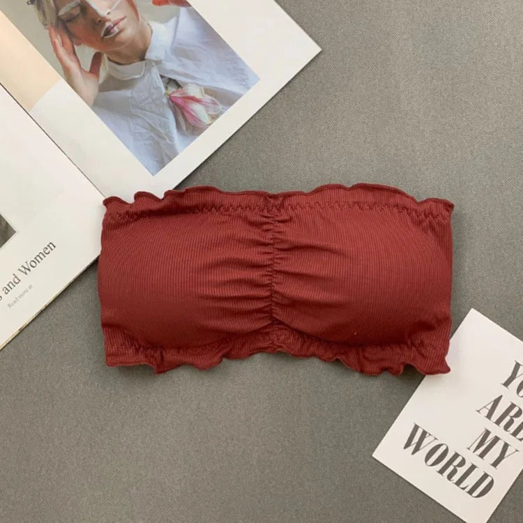 Ruffle Strapless Three Hook-and-eye Cotton Bra Crop Top