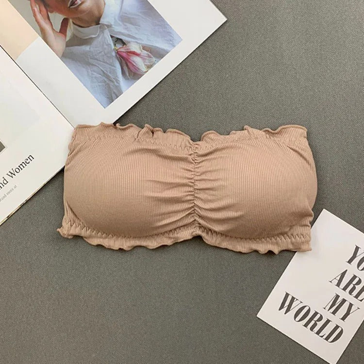 Ruffle Strapless Three Hook-and-eye Cotton Bra Crop Top