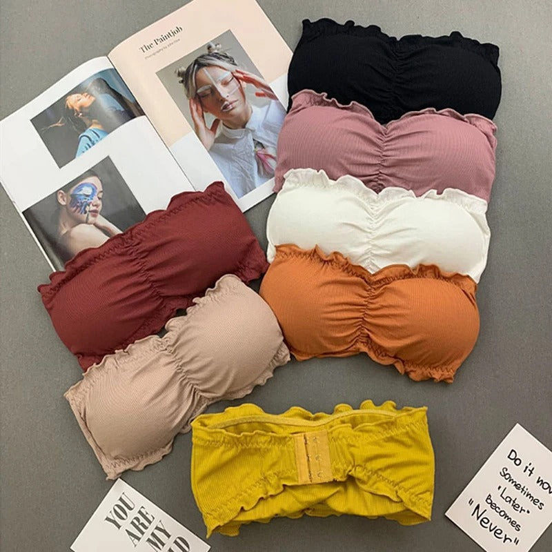Ruffle Strapless Three Hook-and-eye Cotton Bra Crop Top
