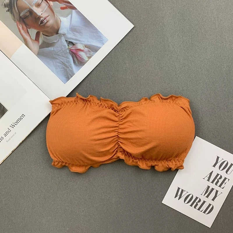 Ruffle Strapless Three Hook-and-eye Cotton Bra Crop Top