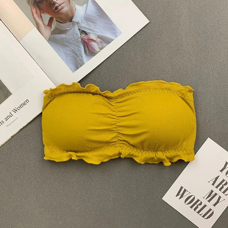 Ruffle Strapless Three Hook-and-eye Cotton Bra Crop Top