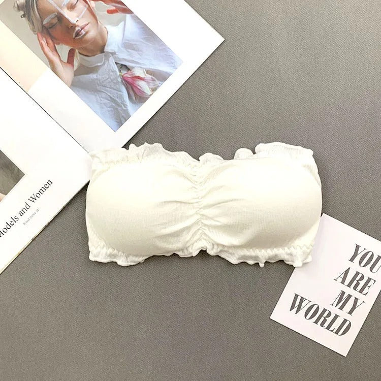 Ruffle Strapless Three Hook-and-eye Cotton Bra Crop Top